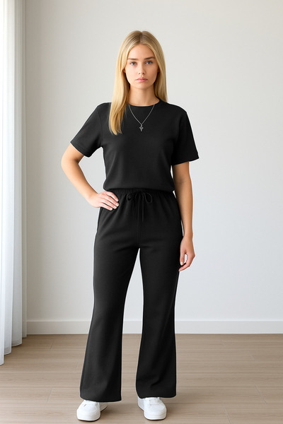 BARLİZ Γυναικείο κοντομάνικο σετ 2 ιντσών με ισπανικό τελείωμα στο κάτω μέρος