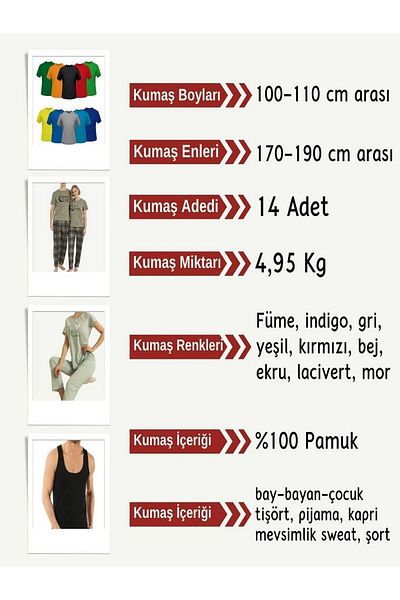 Yiğit Kumaş Single Jersey Fabric Combed Cotton Set, 14 Pieces with Lengths between 100-110 cm