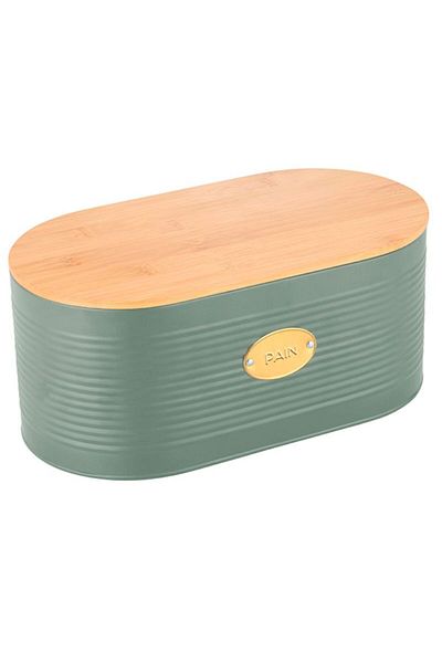 FRANDIS Metal bread box with bamboo lid, olive green, 34x18x14 cm