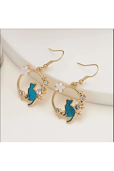 ORGANICYOU Yiwu Korean Fashion Cute Cat Geometric Circle Garland Earrings, Blue and Gold