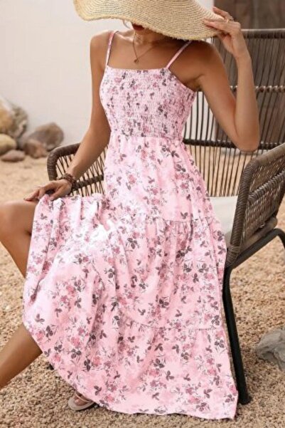 Mossta Floral Patterned Single Jersey Dress with Rope Straps - Pink