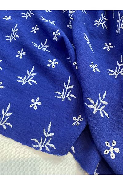 Yiğit Kumaş Embroidered Muslin Fabric Saks Blue