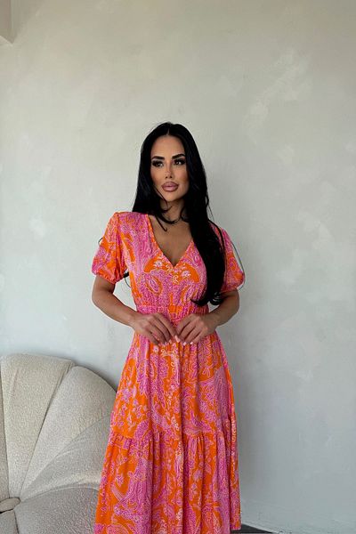 Moday Rochie de vară pentru femei, cu decolteu în V, cu talie elastică, până la glezne, țesută 2E-2335