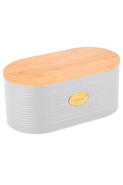 FRANDIS Metal bread box with bamboo lid, white, 34x18x14 cm