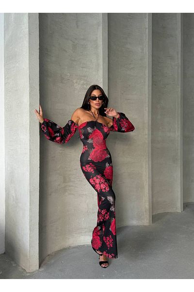 S&A Collectionn Rochie lungă de damă cu mâneci false, fără bretele, cu flori mari, trandafiri