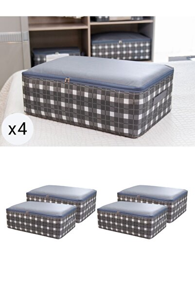 Genel Markalar 4'lü Büyük Gri Kare Desenli Ekoseli Yatak Altı Seti 60x40x20 cm