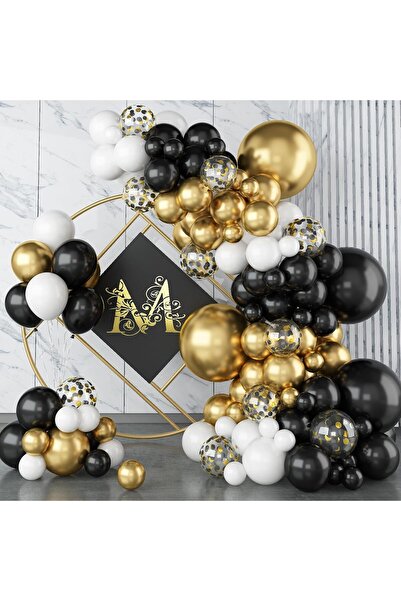 BALON DİYARI Siyah Beyaz Gold Konfeti Balon Seti - 80 Parça Parti Balonu + Zi...