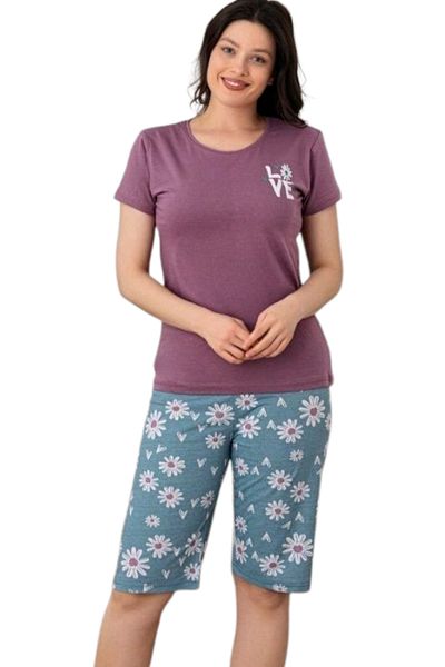 Star Fashion Women's cotton pajamas, short-sleeved blouse and three-quarter-length pants