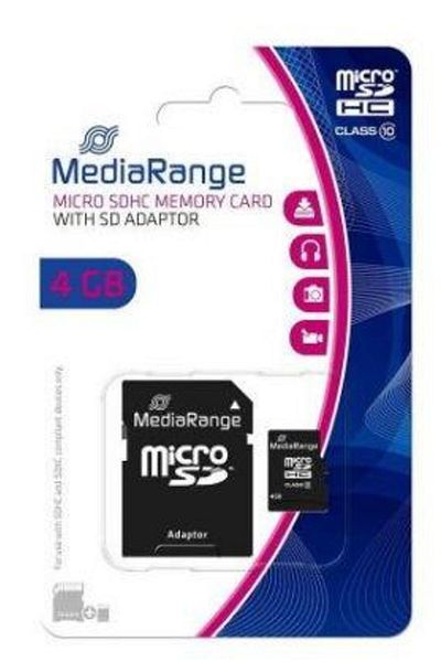 MediaRange MediaRange MicroSDHC Memory Card, 4GB, Class 10 + SD Adapter