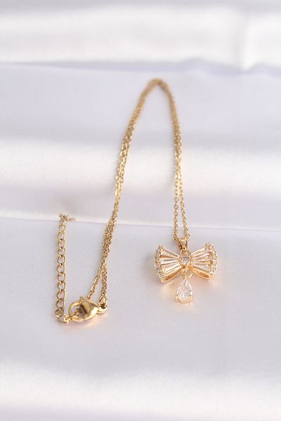 Clariss 316L Steel Chain Gold Color Zircon Stone Heart Detail Bow Necklace