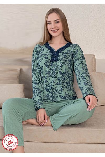 A&K ZÜMRA Natural Viscose Mother Model Lace Pajama Set Green
