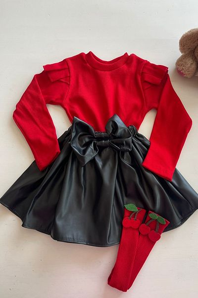 özge başaran Leather Skirt, Badi and Knee Socks Set for Girls 6-9 Months to 7 Years