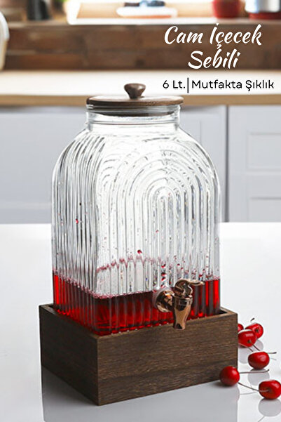 welcomein Musluklu Cam İçecek Sebili 6 L Bambu Standlı Çizgili Şerbetlik Hala...