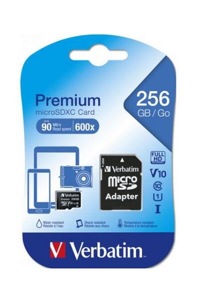 Verbatim Verbatim Premium MicroSDXC Memory Card, 256GB, UHS-I U1, Class 10, V10 + SD Adapter
