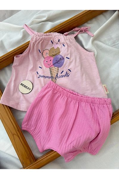 BEBEXY BUTİK Summer Friends Printed Top and Bottom Set Pink