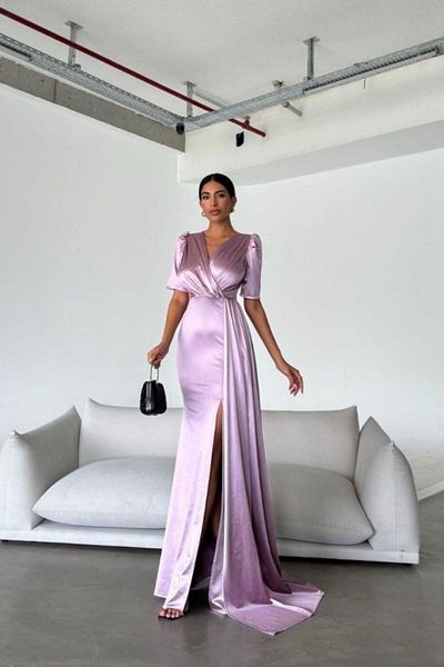 Mossta Double Breasted Collar Slit Detailed Satin Evening Dress - Lilac
