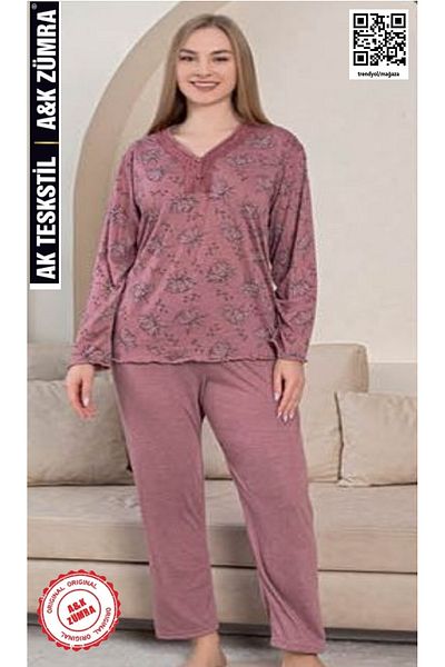 A&K ZÜMRA Natural Viscose Mother Model Lace Pajama Set Pomegranate Flower