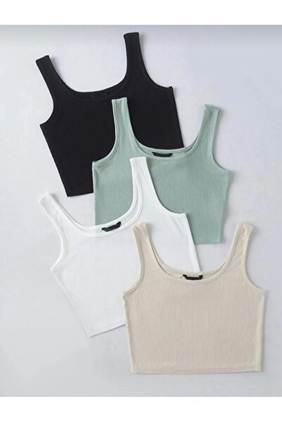 ROGEN FİT Kadın Fitilli Kaşkorse U Yaka Sıfır Kol Crop Bej