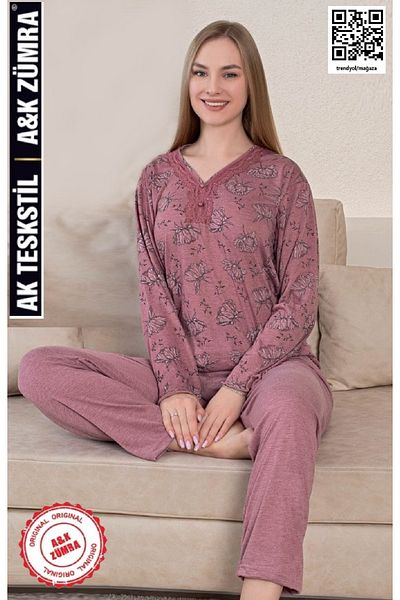 A&K ZÜMRA Natural Viscose Mother Model Lace Pajama Set Pomegranate Flower