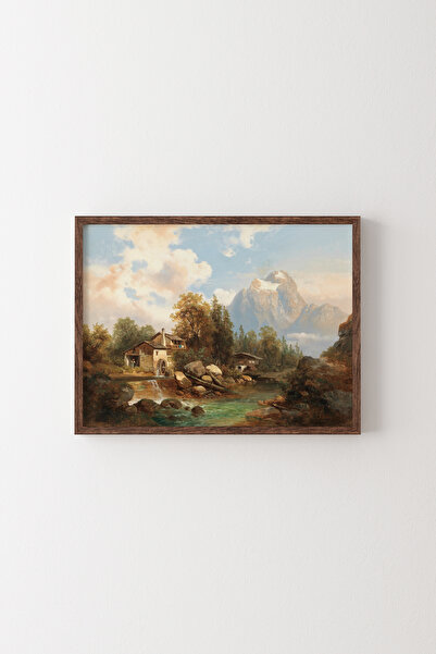 epiqart Dağ Nehrinin Kenarındaki Bir Değirmen - Ahşap Desenli Çerçeve