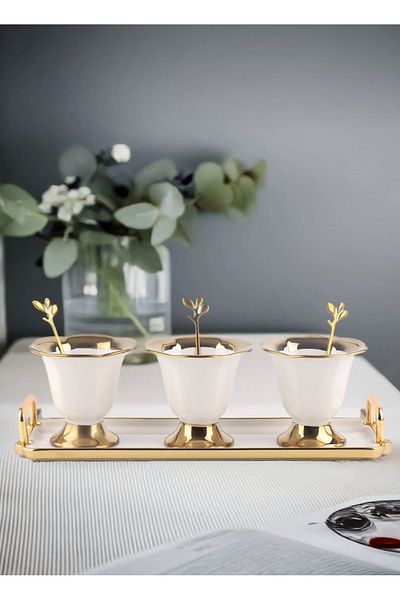 CEZVE HOME Autumn Gold Detailed Metal Spoon Porcelain 3-Piece Ice Cream Bowl Set Snack Bowl Jam Bowl Sauce Bowl