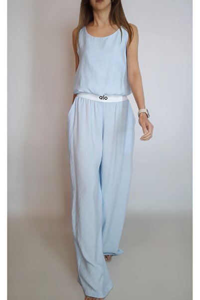 oyagüler Women's Blue Balloon Bluz with Wide Pants Modal Fabric Suit Yy101246