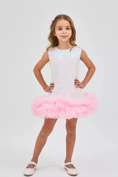 Kidmark Çocuk Modası Girl's Sleeveless Tutu Detailed Sequin White Dress