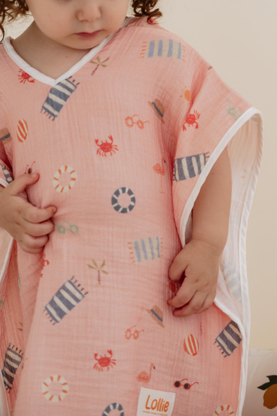 Lollie Baby&Kids روب حمام موسلين للأطفال من عمر 1-4 سنوات 100% قطن - بينك بيتش