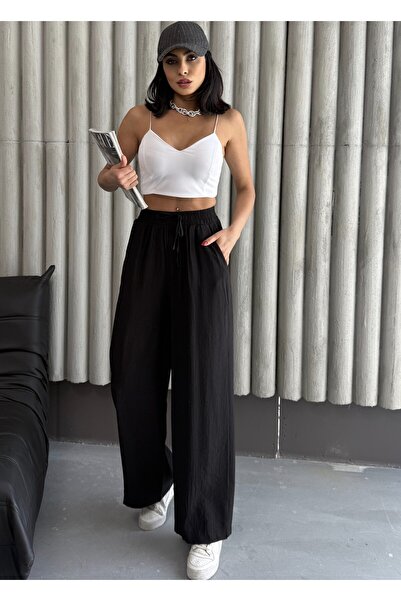 modazoom Pantaloni Palazzo de damă, negri, cu talie elastică