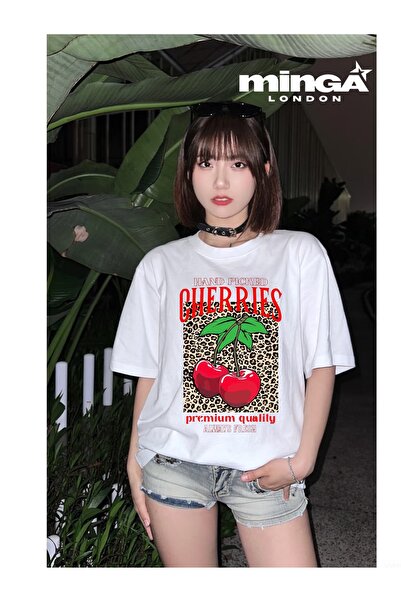 Minga London تيشيرت أبيض كبير الحجم مطبوع عليه الكرز واليوند - مينجا لندن