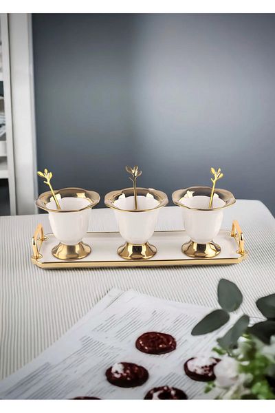 CEZVE HOME Autumn Gold Detailed Metal Spoon Porcelain 3-Piece Ice Cream Bowl Set Snack Bowl Jam Bowl Sauce Bowl