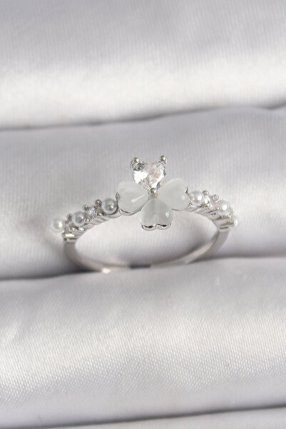 Clariss Brass Silver Color Zircon Stone Clover Model Pearl Detail Adjustable ...