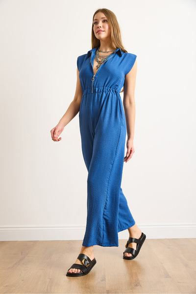 Olalook Women's Navy Blue Zippered Elastic Waist Draped Jumpsuit Tlm-19000163