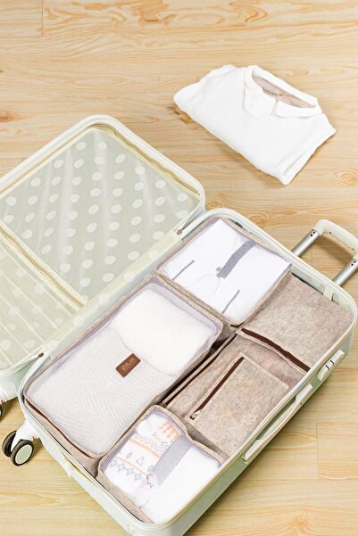 AboutThePerfect Kahverengi 6'lı Deri Detaylı Valiz ve Bavul İçi Düzenleyici Set