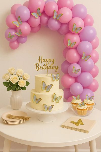 asöy Butterfly Concept Birthday Balloon Chain Butterfly Decoration Ornament 21 Butterfly Ornaments with 40 Balloons
