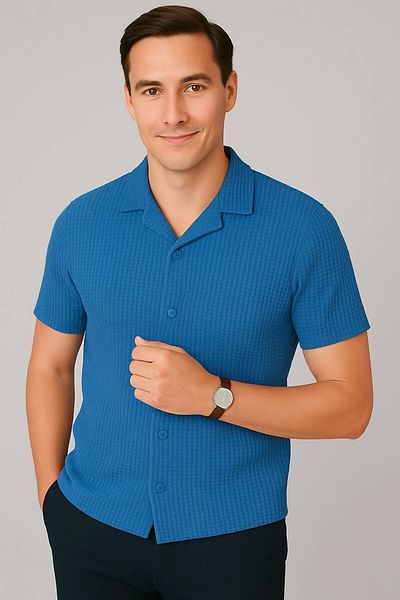LC Waikiki Lc Waik 100% Cotton Waffle Fabric Premium Men's Summer Button Short Sleeve Shirt - Ironing-Free