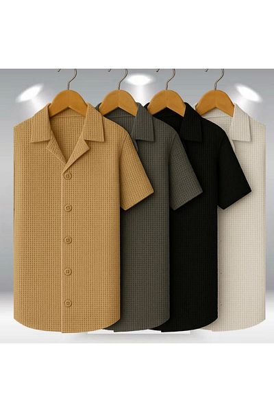 Store Advantage Pack of 4 100% Cotton Stylish Premium Quality Men's Short Sleeve Summer Waffle Fabric Shirts