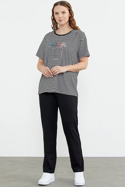 Sementa Larimar 76324 Crew Neck Embroidery Detailed Striped Combed Cotton Suit