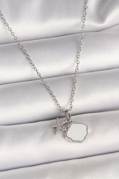 Clariss 316L Steel Silver Color Chain Dangle White Enameled Seashell Zircon Stone Sea Star Figure Kad