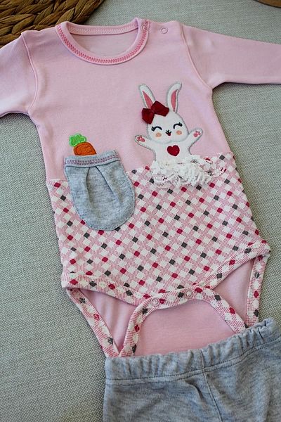 Haye Collection 3,6 9,12 12,18 Months Carrot Rabbit Embroidered Bandana Long Sleeve Bodysuit 3-Piece Baby Girl Suit Pink