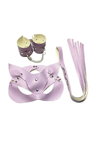 Fantezi Deri Seksi Lila Kedi Maske Kelepçe Kırbaç Seti ( 3’Lü Set) Tg275370