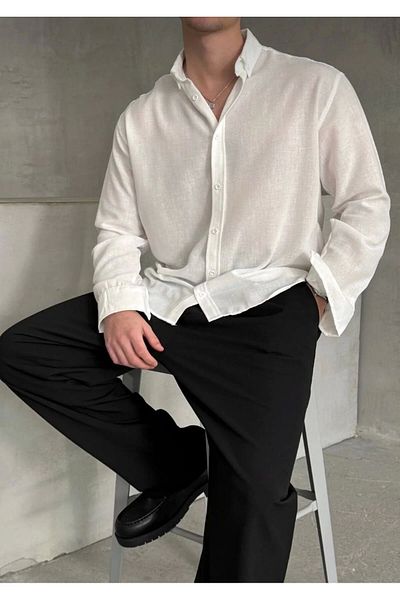 Store Oversize Fit 100% Linen Premium Top Quality Men's Buttoned Long Sleeve Shirt