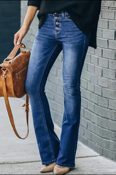 ESSFASIHON Γυναικείο τζιν παντελόνι με ψηλόμεσο κουμπί με λεπτομέρεια ισπανικ...