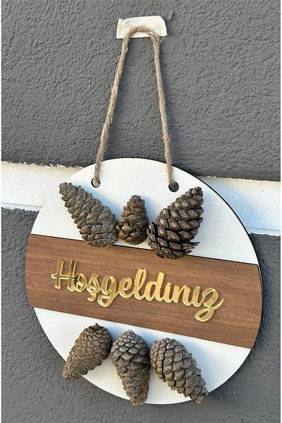 MeyArt Ajans Real Pine Cone Welcome Written Mirrored Plexiglass Wooden Door Ornament