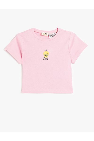 Koton Cotton Tweety Embroidery Licensed Short Sleeve Crew Neck Crop T-Shirt
