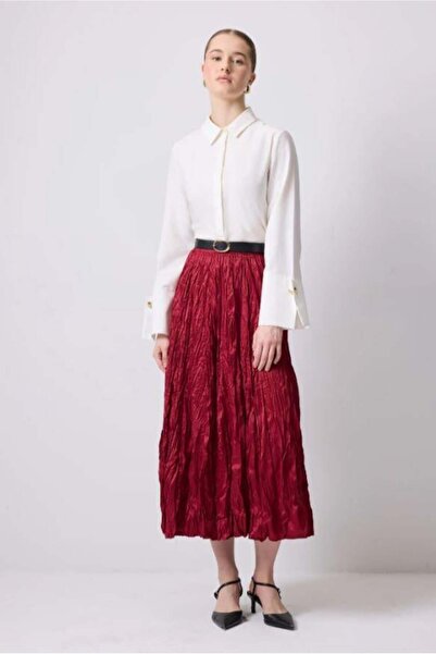 Touche Crushlı Saten Etek Bordo