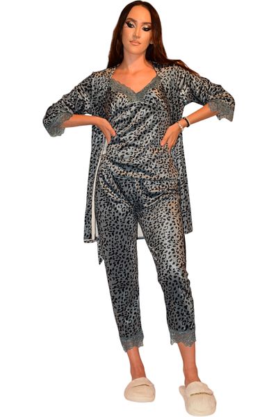 Star Fashion Women's pajamas, velvet with lace, 3 pieces (top, long pants and robe with drawstring) animal print