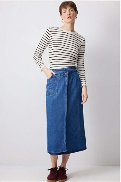 Touche Kruvaze Denim Etek Açık Denim