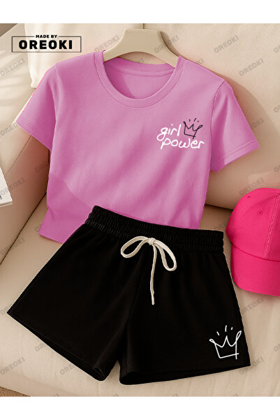 EFFRENATU Γυναικείο Σετ Μπλουζάκι από Βαμβάκι με Στάμπα Power-Ροζ-Μαύρο Σορτς