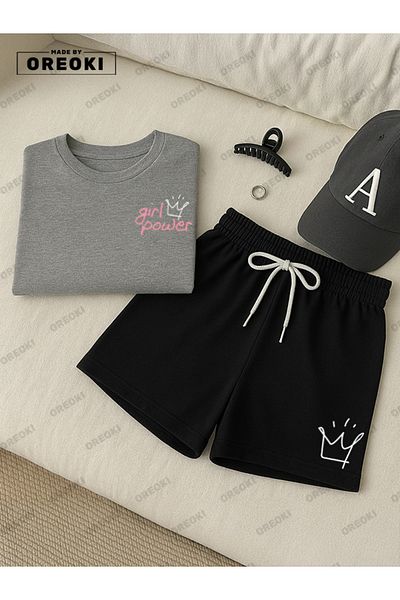 EFFRENATU Women's Power Printed Cotton Gray T-Shirt-Black Shorts Set